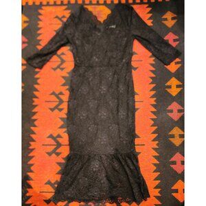 NEW Elegant Black Stretch Lace Ruffle Hem Midi Dress For Women Size Medium